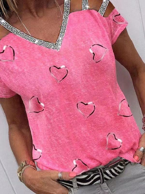 Love Print V-neck Off The Shoulder T-shirt - T-Shirts - INS | Online Fashion Free Shipping Clothing, Dresses, Tops, Shoes - 04/06/2021 - Category_T-Shirts - Color_Blue