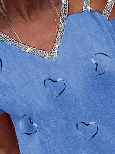 Love Print V-neck Off The Shoulder T-shirt - T-Shirts - INS | Online Fashion Free Shipping Clothing, Dresses, Tops, Shoes - 04/06/2021 - Category_T-Shirts - Color_Blue