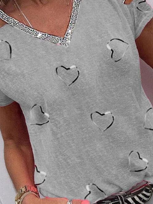 Love Print V-neck Off The Shoulder T-shirt - T-Shirts - INS | Online Fashion Free Shipping Clothing, Dresses, Tops, Shoes - 04/06/2021 - Category_T-Shirts - Color_Blue