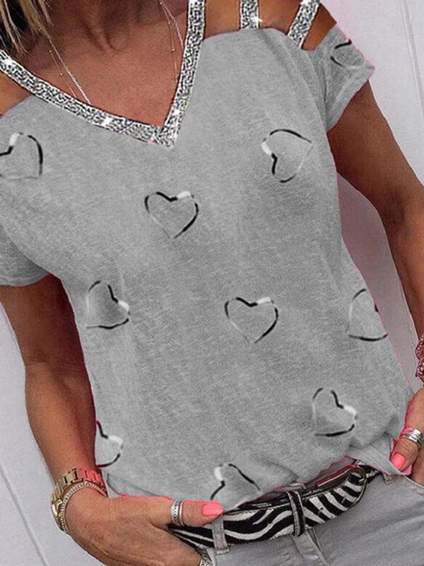 Love Print V-neck Off The Shoulder T-shirt - T-Shirts - INS | Online Fashion Free Shipping Clothing, Dresses, Tops, Shoes - 04/06/2021 - Category_T-Shirts - Color_Blue