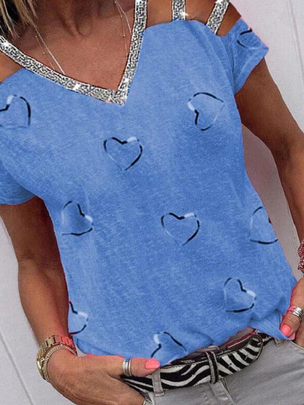 Love Print V-neck Off The Shoulder T-shirt - T-Shirts - INS | Online Fashion Free Shipping Clothing, Dresses, Tops, Shoes - 04/06/2021 - Category_T-Shirts - Color_Blue