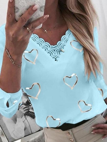 Love Printed Five-Point Sleeve V-Neck Lace Casual T-Shirt - T-Shirts - INS | Online Fashion Free Shipping Clothing, Dresses, Tops, Shoes - 10-20 - 25/06/2021 - Category_T-Shirts