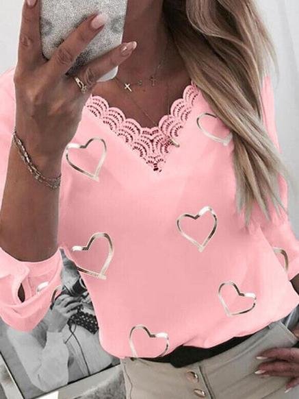 Love Printed Five-Point Sleeve V-Neck Lace Casual T-Shirt - T-Shirts - INS | Online Fashion Free Shipping Clothing, Dresses, Tops, Shoes - 10-20 - 25/06/2021 - Category_T-Shirts