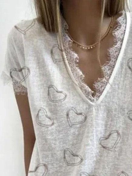 Love Retro Print V-neck Lace Casual T-shirt - T-Shirts - INS | Online Fashion Free Shipping Clothing, Dresses, Tops, Shoes - 04/06/2021 - Category_T-Shirts - Color_Black