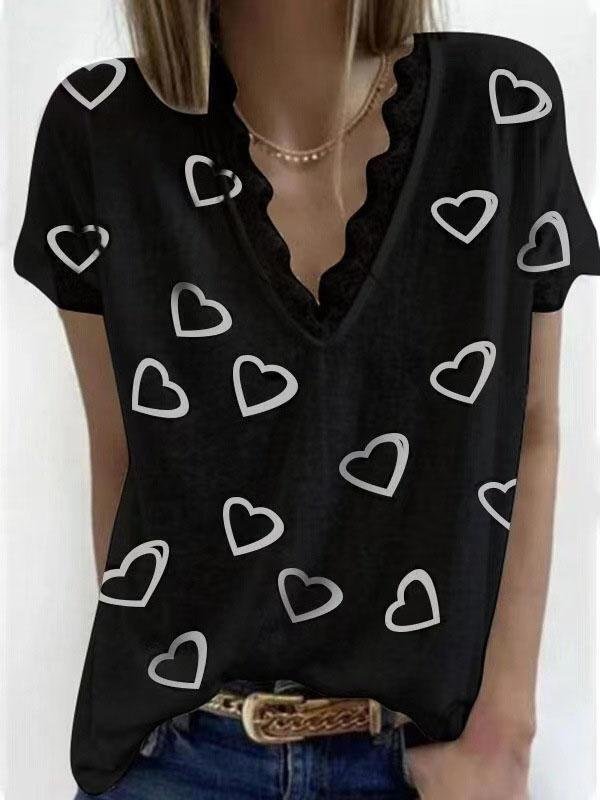 Love Retro Print V-neck Lace Casual T-shirt - T-Shirts - INS | Online Fashion Free Shipping Clothing, Dresses, Tops, Shoes - 04/06/2021 - Category_T-Shirts - Color_Black