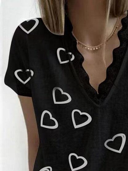 Love Retro Print V-neck Lace Casual T-shirt - T-Shirts - INS | Online Fashion Free Shipping Clothing, Dresses, Tops, Shoes - 04/06/2021 - Category_T-Shirts - Color_Black