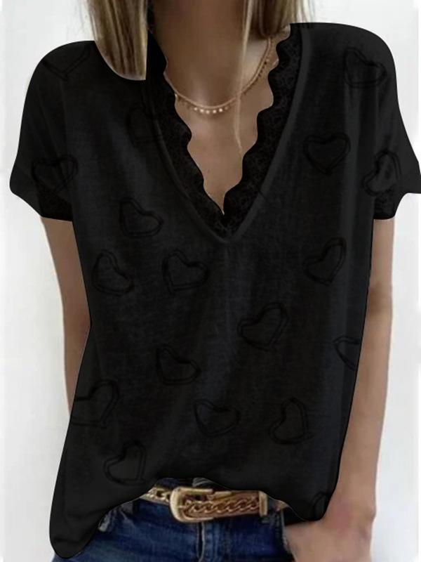 Love Retro Print V-neck Lace Casual T-shirt - T-Shirts - INS | Online Fashion Free Shipping Clothing, Dresses, Tops, Shoes - 04/06/2021 - Category_T-Shirts - Color_Black