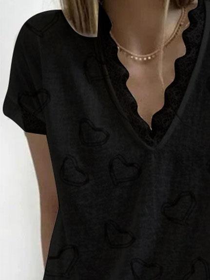 Love Retro Print V-neck Lace Casual T-shirt - T-Shirts - INS | Online Fashion Free Shipping Clothing, Dresses, Tops, Shoes - 04/06/2021 - Category_T-Shirts - Color_Black
