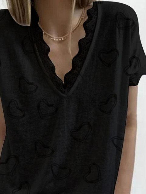 Love Retro Print V-neck Lace Casual T-shirt - T-Shirts - INS | Online Fashion Free Shipping Clothing, Dresses, Tops, Shoes - 04/06/2021 - Category_T-Shirts - Color_Black