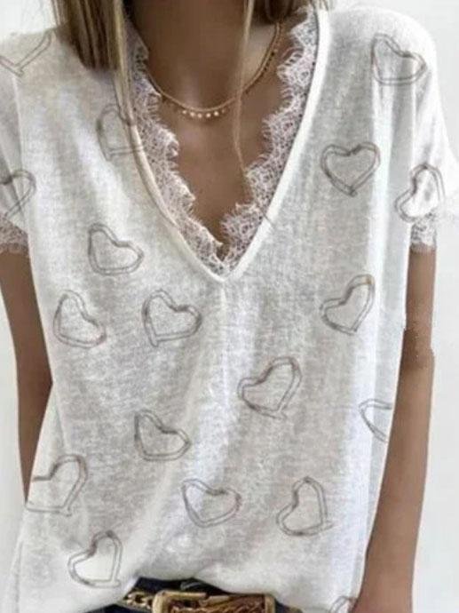 Love Retro Print V-neck Lace Casual T-shirt - T-Shirts - INS | Online Fashion Free Shipping Clothing, Dresses, Tops, Shoes - 04/06/2021 - Category_T-Shirts - Color_Black