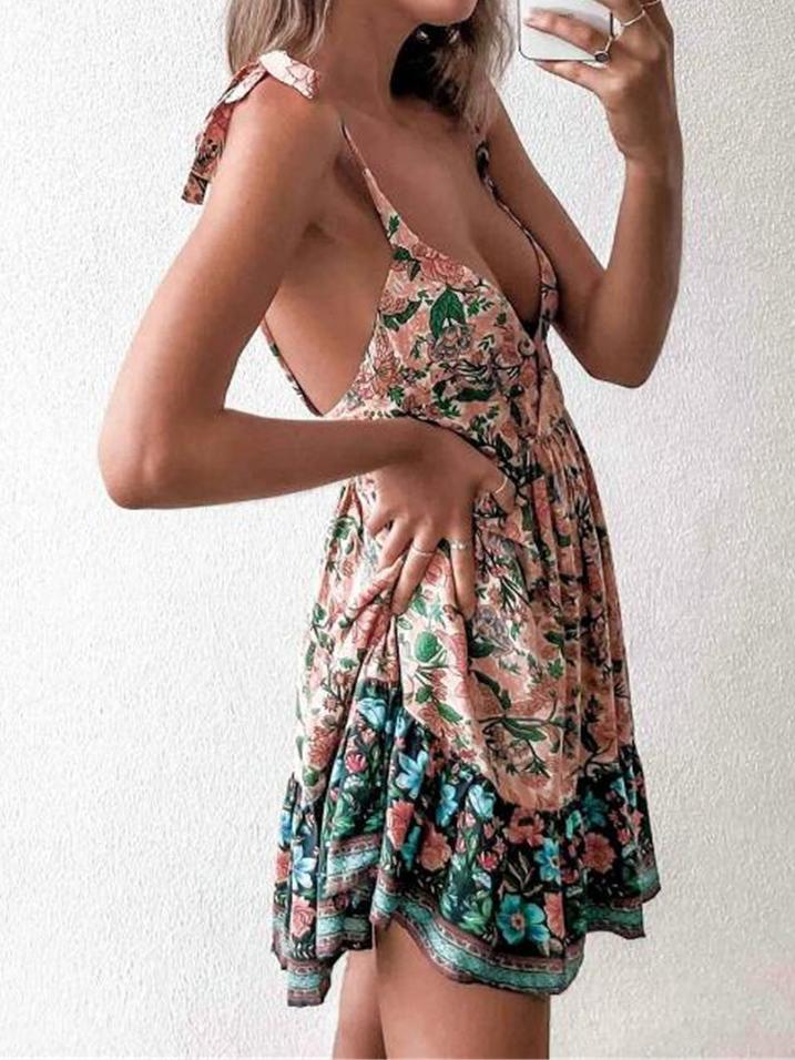 Low-cut V-neck Floral Print Suspender Dress - Mini Dresses - INS | Online Fashion Free Shipping Clothing, Dresses, Tops, Shoes - 03/07/2021 - 20-30 - color-blue