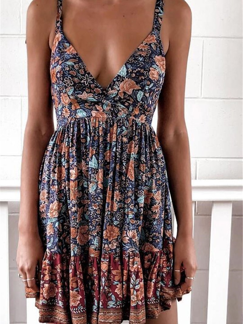 Low-cut V-neck Floral Print Suspender Dress - Mini Dresses - INS | Online Fashion Free Shipping Clothing, Dresses, Tops, Shoes - 03/07/2021 - 20-30 - color-blue