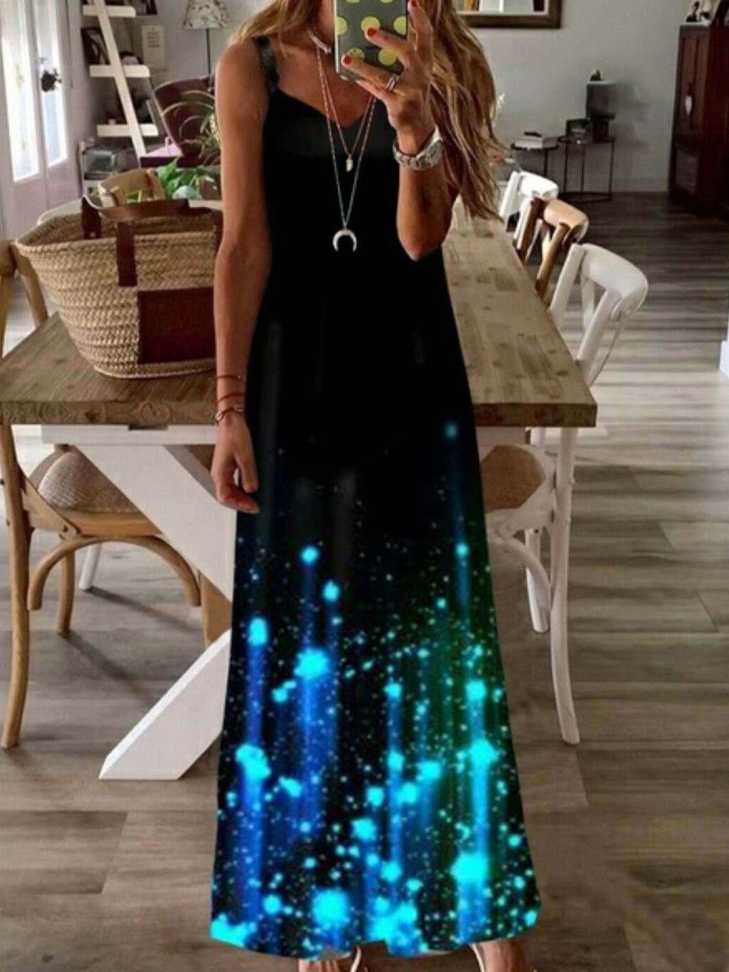 Luminous Print V-Neck Sleeveless Casual Dress - Maxi Dresses - INS | Online Fashion Free Shipping Clothing, Dresses, Tops, Shoes - 05/07/2021 - 10-20 - Category_Maxi Dresses