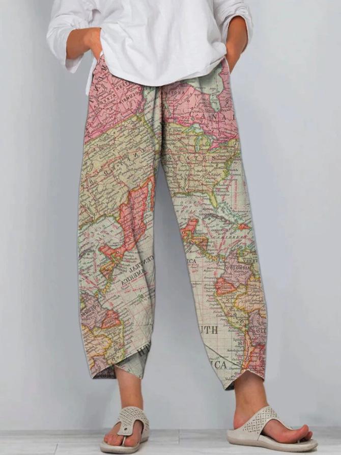 Map Art Loose Printed Elasticated Pants - Pants - INS | Online Fashion Free Shipping Clothing, Dresses, Tops, Shoes - 19/06/2021 - 20-30 - Bottom