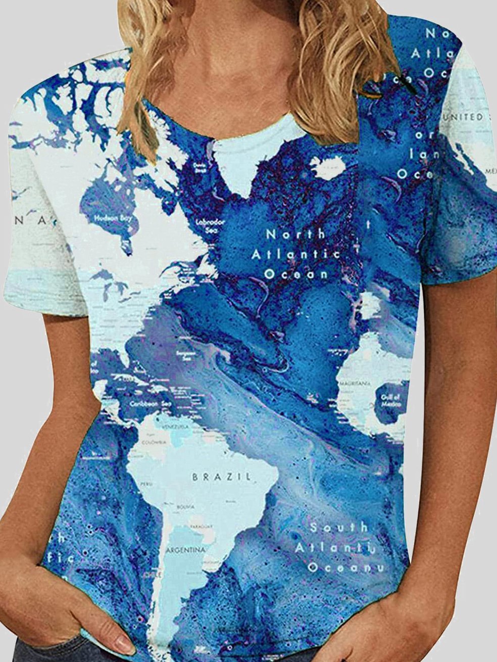 Map Print Round Neck Short Sleeve T-shirts - T-Shirts - INS | Online Fashion Free Shipping Clothing, Dresses, Tops, Shoes - 10-20 - 19/06/2021 - color-blue