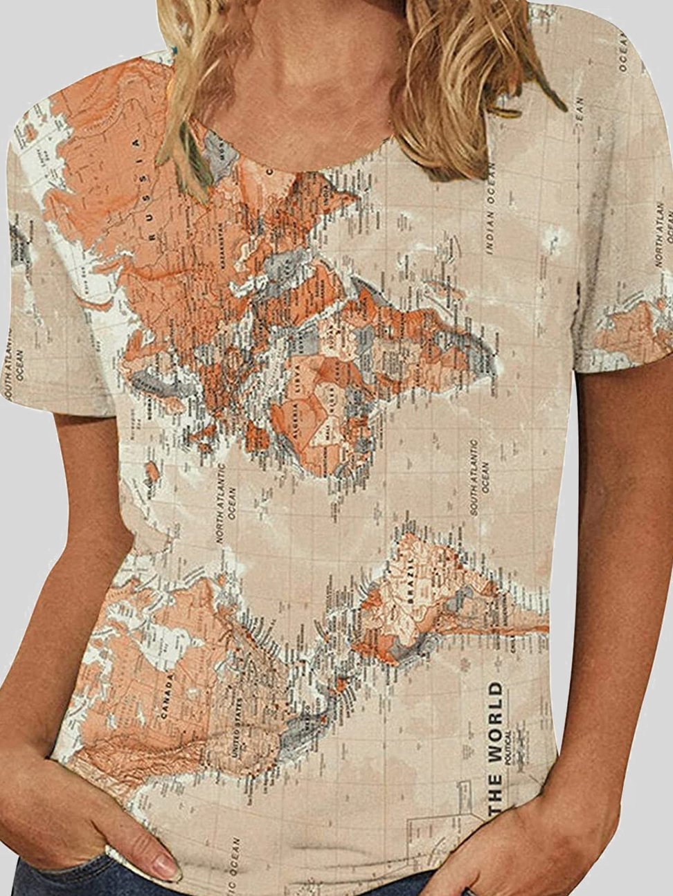 Map Print Round Neck Short Sleeve T-shirts - T-Shirts - INS | Online Fashion Free Shipping Clothing, Dresses, Tops, Shoes - 10-20 - 19/06/2021 - color-blue