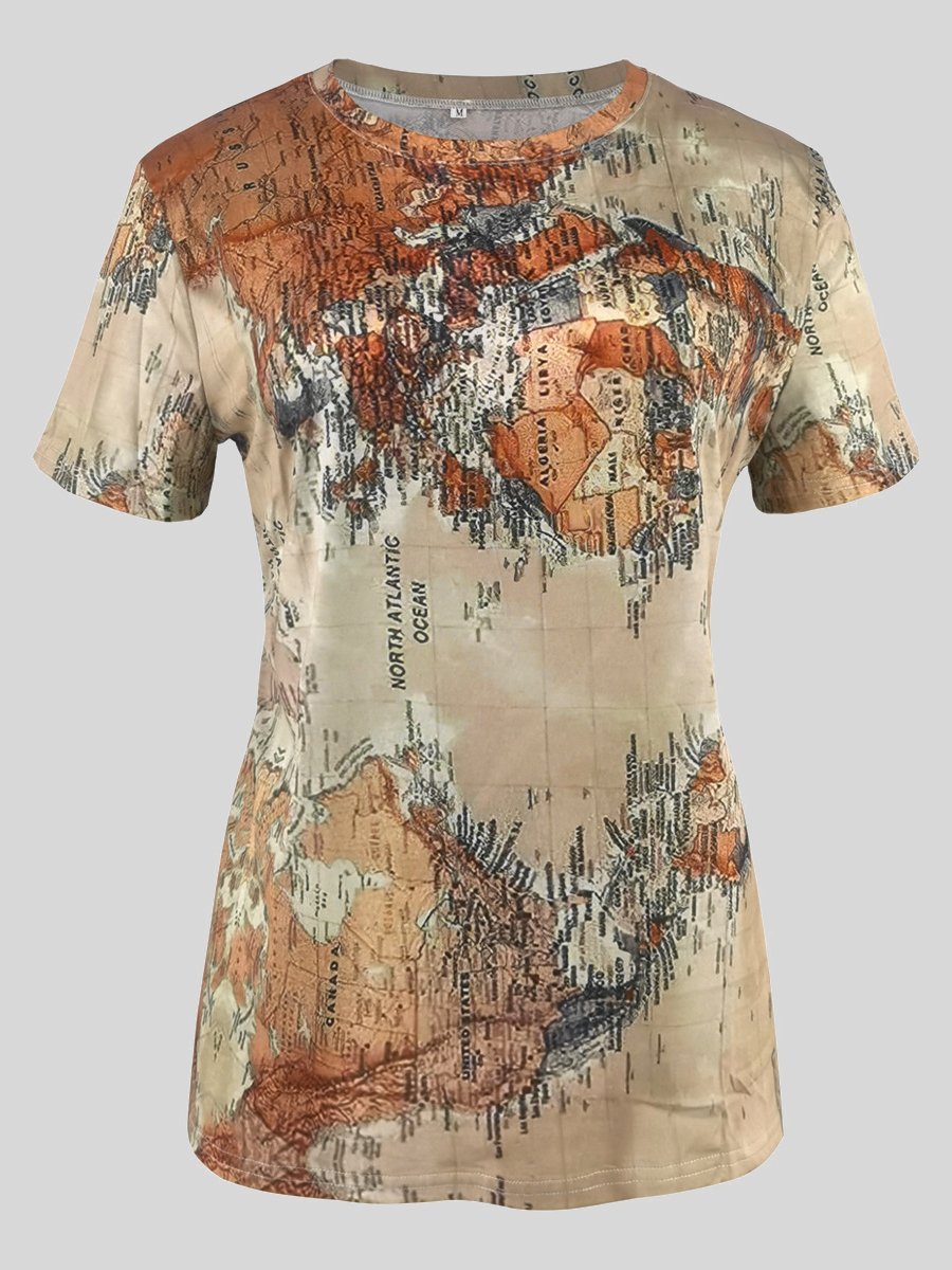 Map Print Round Neck Short Sleeve T-shirts - T-Shirts - INS | Online Fashion Free Shipping Clothing, Dresses, Tops, Shoes - 10-20 - 19/06/2021 - color-blue