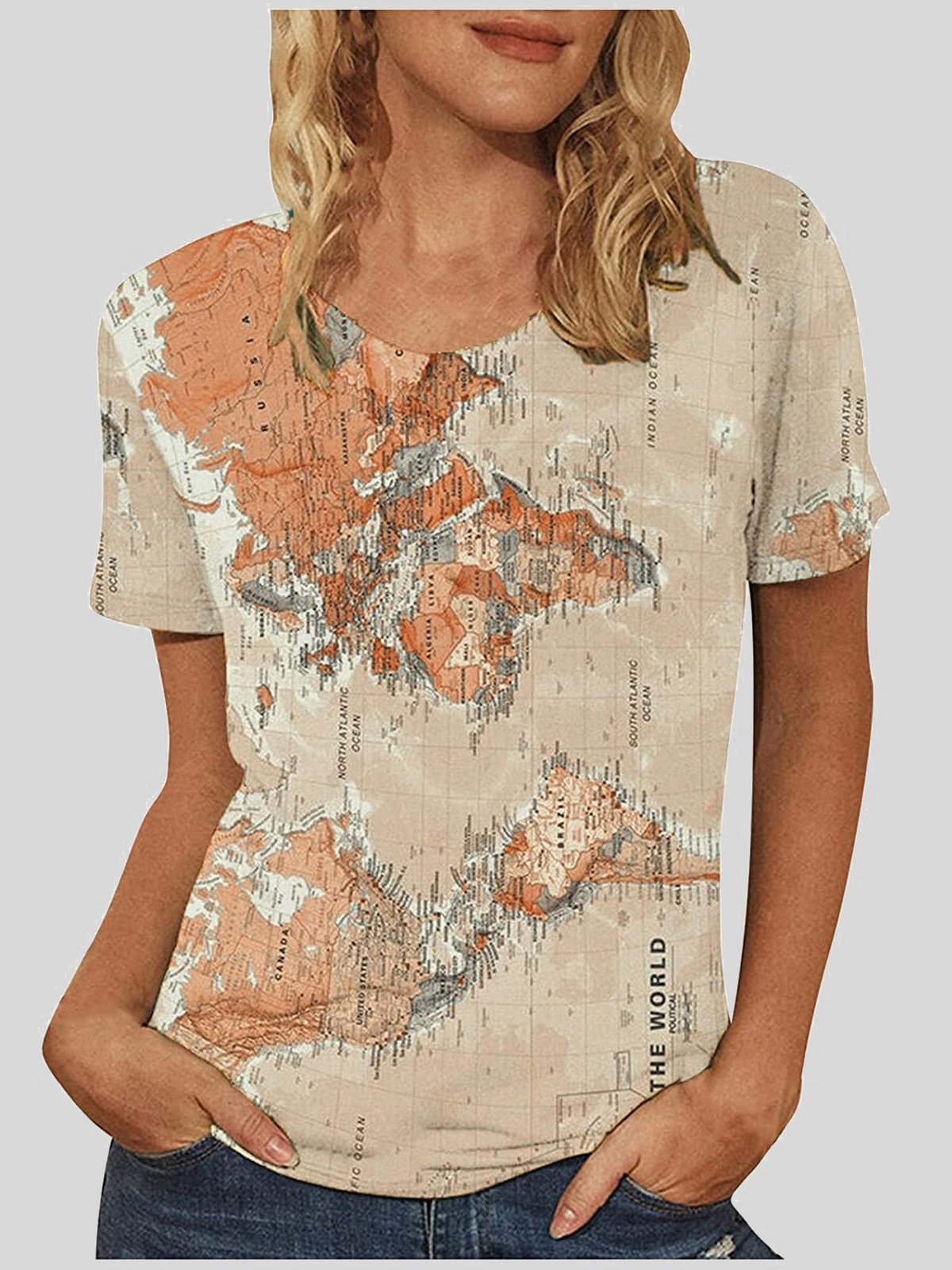 Map Print Round Neck Short Sleeve T-shirts - T-Shirts - INS | Online Fashion Free Shipping Clothing, Dresses, Tops, Shoes - 10-20 - 19/06/2021 - color-blue