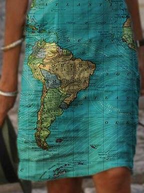 Map Print V-neck Sleeveless Casual Dress - Midi Dresses - INS | Online Fashion Free Shipping Clothing, Dresses, Tops, Shoes - 10/06/2021 - Category_Midi Dresses - Color_Blue