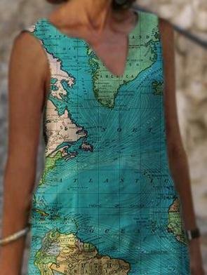 Map Print V-neck Sleeveless Casual Dress - Midi Dresses - INS | Online Fashion Free Shipping Clothing, Dresses, Tops, Shoes - 10/06/2021 - Category_Midi Dresses - Color_Blue