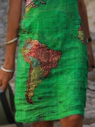 Map Print V-neck Sleeveless Casual Dress - Midi Dresses - INS | Online Fashion Free Shipping Clothing, Dresses, Tops, Shoes - 10/06/2021 - Category_Midi Dresses - Color_Blue