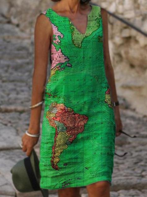Map Print V-neck Sleeveless Casual Dress - Midi Dresses - INS | Online Fashion Free Shipping Clothing, Dresses, Tops, Shoes - 10/06/2021 - Category_Midi Dresses - Color_Blue