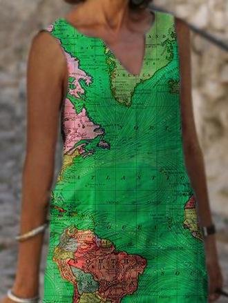 Map Print V-neck Sleeveless Casual Dress - Midi Dresses - INS | Online Fashion Free Shipping Clothing, Dresses, Tops, Shoes - 10/06/2021 - Category_Midi Dresses - Color_Blue