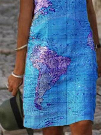 Map Print V-neck Sleeveless Casual Dress - Midi Dresses - INS | Online Fashion Free Shipping Clothing, Dresses, Tops, Shoes - 10/06/2021 - Category_Midi Dresses - Color_Blue