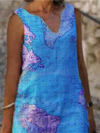 Map Print V-neck Sleeveless Casual Dress - Midi Dresses - INS | Online Fashion Free Shipping Clothing, Dresses, Tops, Shoes - 10/06/2021 - Category_Midi Dresses - Color_Blue