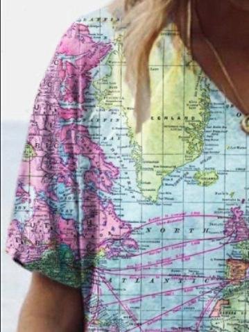 Map Printed V-neck Short-sleeved T-shirt - T-shirts - INS | Online Fashion Free Shipping Clothing, Dresses, Tops, Shoes - 07/06/2021 - Color_Blue - Color_Purple