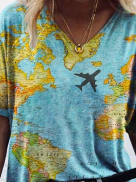 Map Printed V-neck Short-sleeved T-shirt - T-shirts - INS | Online Fashion Free Shipping Clothing, Dresses, Tops, Shoes - 07/06/2021 - Color_Blue - Color_Purple