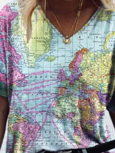 Map Printed V-neck Short-sleeved T-shirt - T-shirts - INS | Online Fashion Free Shipping Clothing, Dresses, Tops, Shoes - 07/06/2021 - Color_Blue - Color_Purple