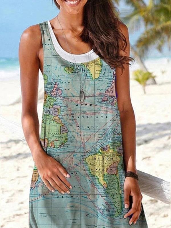 Map Printing Sleeveless Casual Fake 2 Dresses - Mini Dresses - INS | Online Fashion Free Shipping Clothing, Dresses, Tops, Shoes - 05/19/2021 - Category_Mini Dresses - Color_Blue