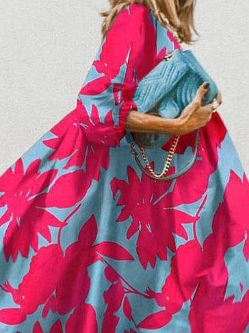 Maple Leaf Print Loose Three-quarter Sleeve Round Neck Dress - Midi Dresses - INS | Online Fashion Free Shipping Clothing, Dresses, Tops, Shoes - 03/06/2021 - Category_Midi Dresses - Color_Red