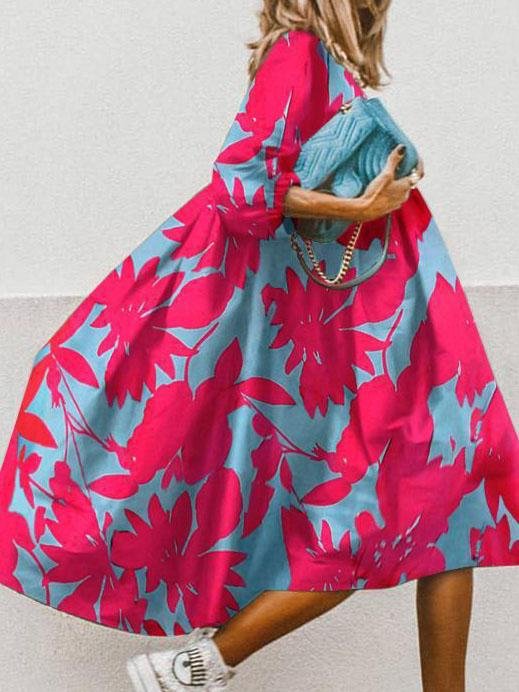 Maple Leaf Print Loose Three-quarter Sleeve Round Neck Dress - Midi Dresses - INS | Online Fashion Free Shipping Clothing, Dresses, Tops, Shoes - 03/06/2021 - Category_Midi Dresses - Color_Red