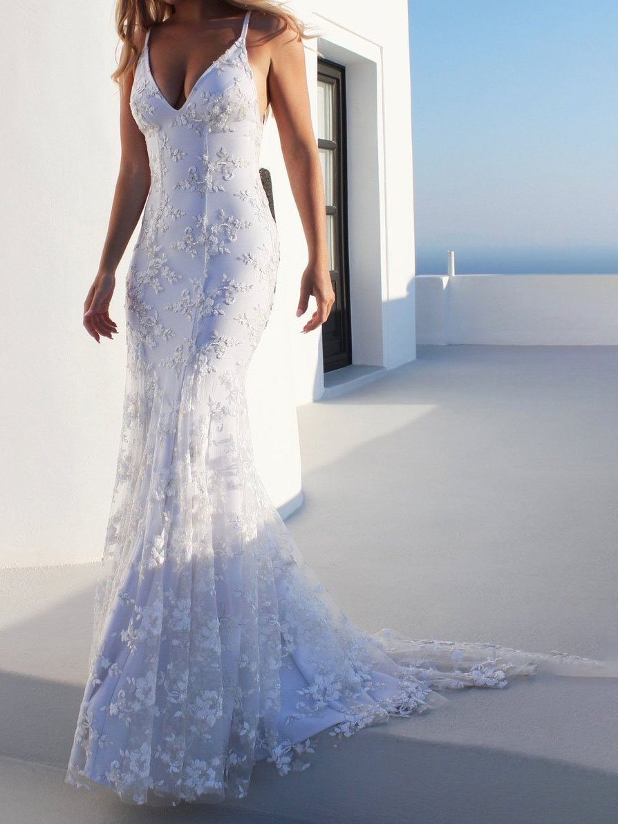 Mermaid Spaghetti Straps Lace Beach Wedding Dress - Dresses - INS | Online Fashion Free Shipping Clothing, Dresses, Tops, Shoes - 03/02/2021 - Color_White - L