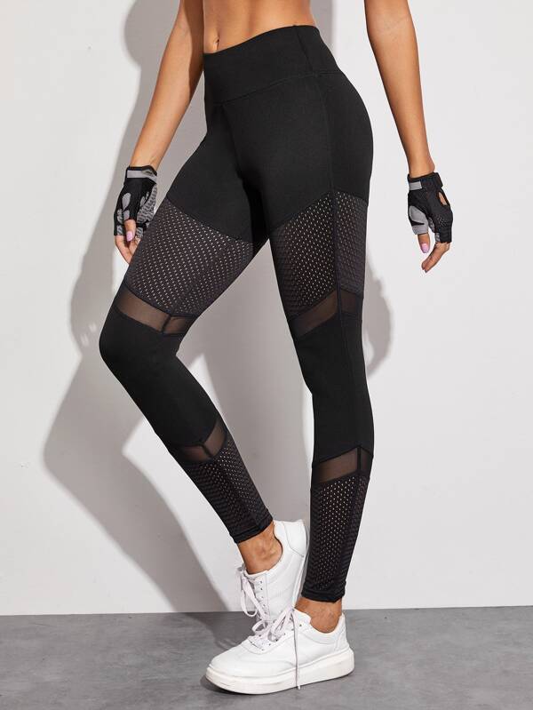 Mesh Panel Elastic Waist Sports Leggings - INS | Online Fashion Free Shipping Clothing, Dresses, Tops, Shoes
