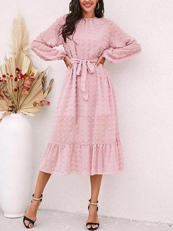 Mesh Round Neck Long Puff Sleeve Solid Color Dress - Dresses - INS | Online Fashion Free Shipping Clothing, Dresses, Tops, Shoes - 18/03/2021 - Color_Pink - Dress