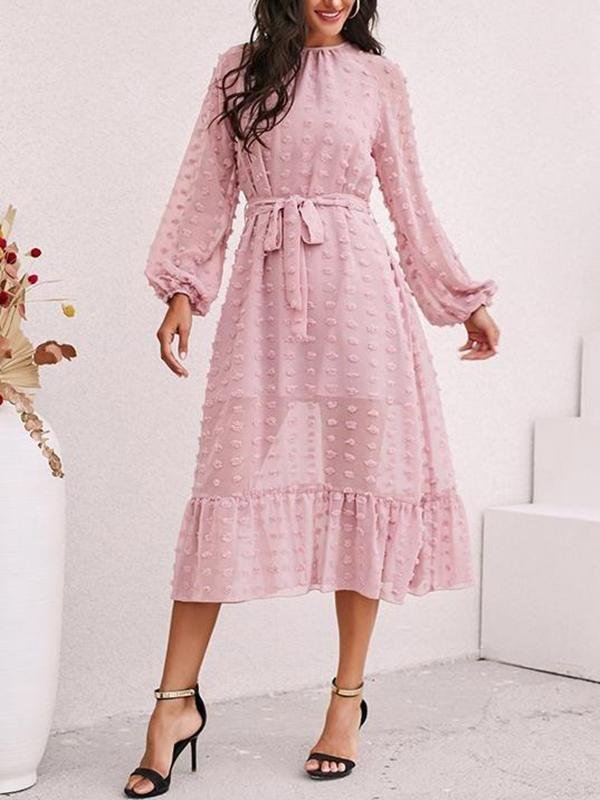 Mesh Round Neck Long Puff Sleeve Solid Color Dress - Dresses - INS | Online Fashion Free Shipping Clothing, Dresses, Tops, Shoes - 18/03/2021 - Color_Pink - Dress