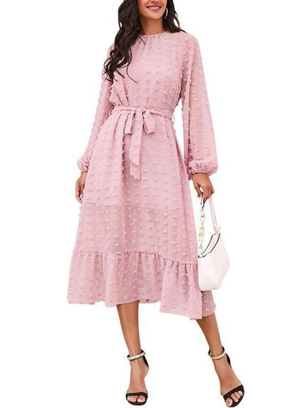 Mesh Round Neck Long Puff Sleeve Solid Color Dress - Dresses - INS | Online Fashion Free Shipping Clothing, Dresses, Tops, Shoes - 18/03/2021 - Color_Pink - Dress