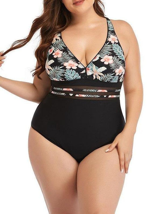 Mesh Waist Gathered Open Back Printed Swimsuit - Plus Swimsuits - INS | Online Fashion Free Shipping Clothing, Dresses, Tops, Shoes - 22/04/2021 - 2204V3 - Color_Black