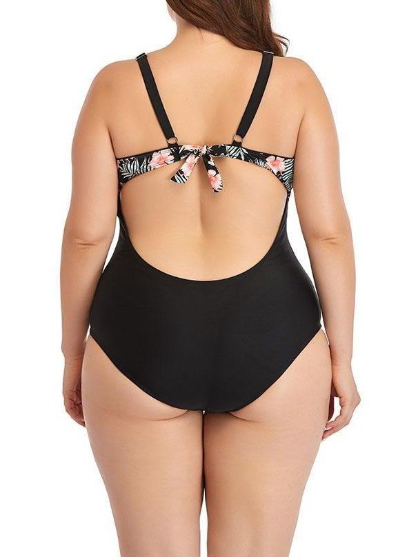 Mesh Waist Gathered Open Back Printed Swimsuit - Plus Swimsuits - INS | Online Fashion Free Shipping Clothing, Dresses, Tops, Shoes - 22/04/2021 - 2204V3 - Color_Black