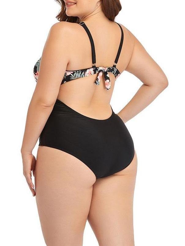 Mesh Waist Gathered Open Back Printed Swimsuit - Plus Swimsuits - INS | Online Fashion Free Shipping Clothing, Dresses, Tops, Shoes - 22/04/2021 - 2204V3 - Color_Black