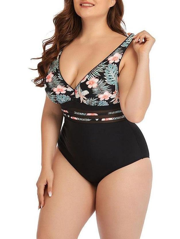 Mesh Waist Gathered Open Back Printed Swimsuit - Plus Swimsuits - INS | Online Fashion Free Shipping Clothing, Dresses, Tops, Shoes - 22/04/2021 - 2204V3 - Color_Black