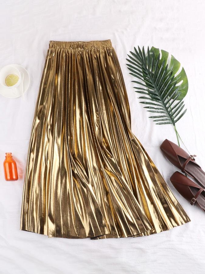 Metallic Reflective Fabric Midi Pleated Skirt - Skirt - INS | Online Fashion Free Shipping Clothing, Dresses, Tops, Shoes - 15/03/2021 - Black - Color_Black