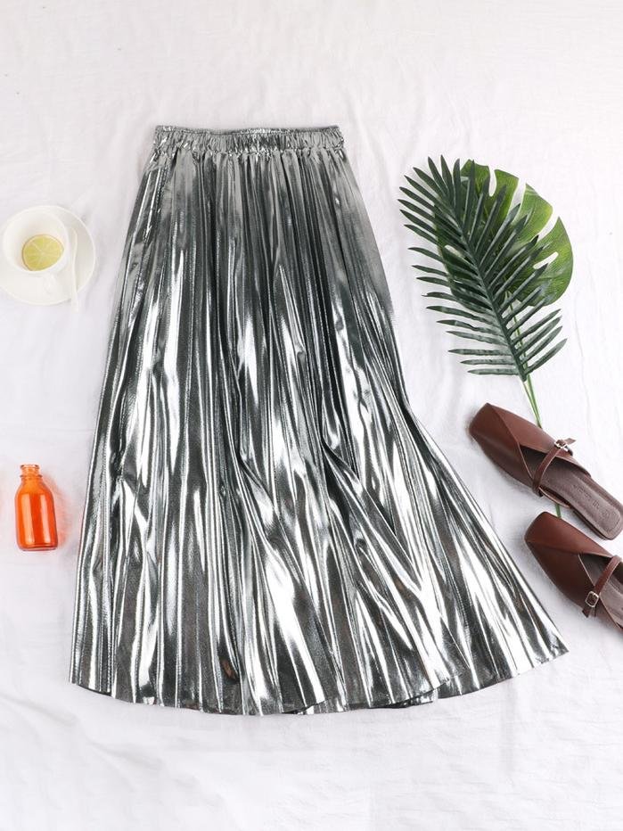 Metallic Reflective Fabric Midi Pleated Skirt - Skirt - INS | Online Fashion Free Shipping Clothing, Dresses, Tops, Shoes - 15/03/2021 - Black - Color_Black