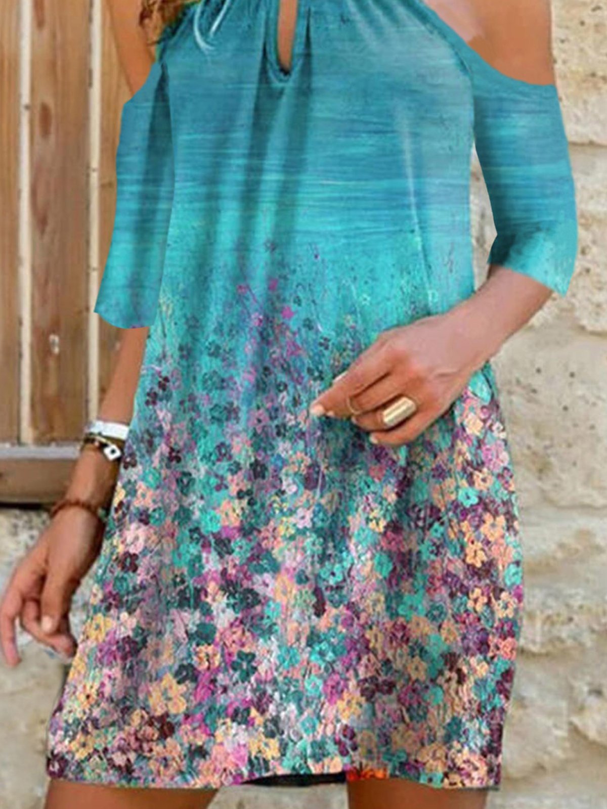 Mid-Sleeve Printed Halterneck Off-the-shoulder Dress - Mini Dresses - INS | Online Fashion Free Shipping Clothing, Dresses, Tops, Shoes - 05/19/2021 - Category_Mini Dresses - Color_Black