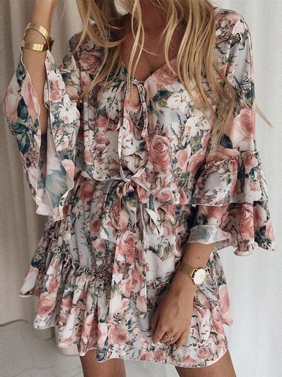 Mid-sleeve Printed Lace-up Ruffle Skirt - Mini Dresses - INS | Online Fashion Free Shipping Clothing, Dresses, Tops, Shoes - 05/06/2021 - Color_Blue - Color_Orange
