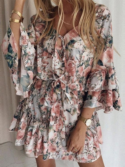 Mid-sleeve Printed Lace-up Ruffle Skirt - Mini Dresses - INS | Online Fashion Free Shipping Clothing, Dresses, Tops, Shoes - 05/06/2021 - Color_Blue - Color_Orange