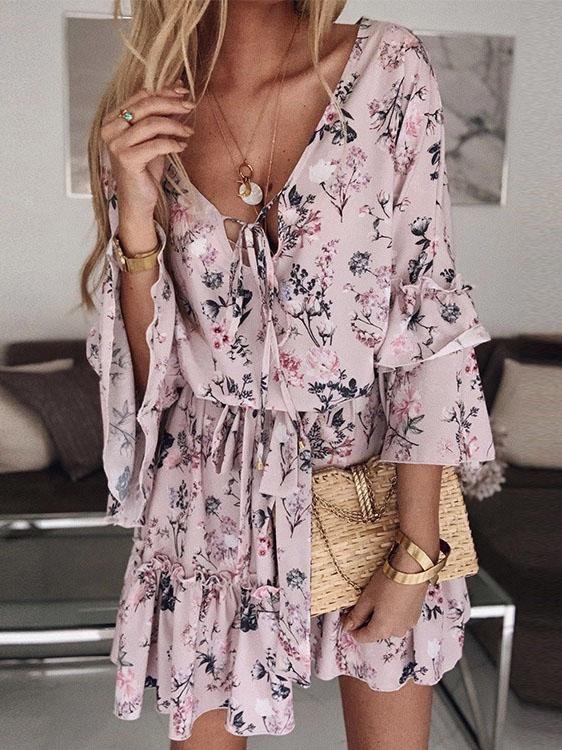 Mid-sleeve Printed Lace-up Ruffle Skirt - Mini Dresses - INS | Online Fashion Free Shipping Clothing, Dresses, Tops, Shoes - 05/06/2021 - Color_Blue - Color_Orange